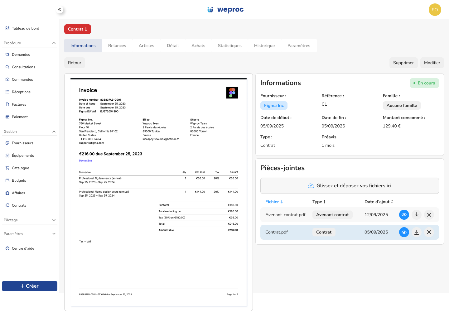 Capture d'écran de l'onglet Contrat fixé sur un précis.