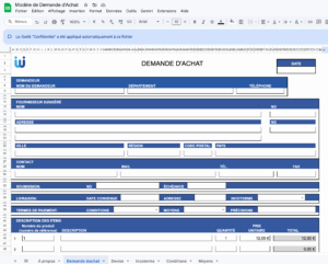 Modèle de demande d'achat Excel gratuit Weproc avec champs demandeur, fournisseur, conditions de paiement, livraison et description des items