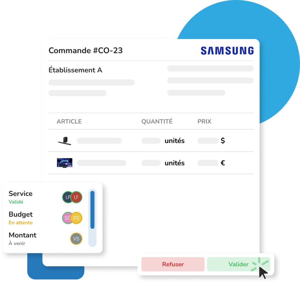 Interface du logiciel de gestion des achats Weproc affichant la commande d'achat #CO-23 pour du matériel Samsung. Une barre latérale à gauche montre le statut de validation par étape : Service 'Validé', Budget 'En attente', et Montant 'À venir', avec des badges de collaborateurs. Le curseur de la souris survole le bouton 'Valider'.
