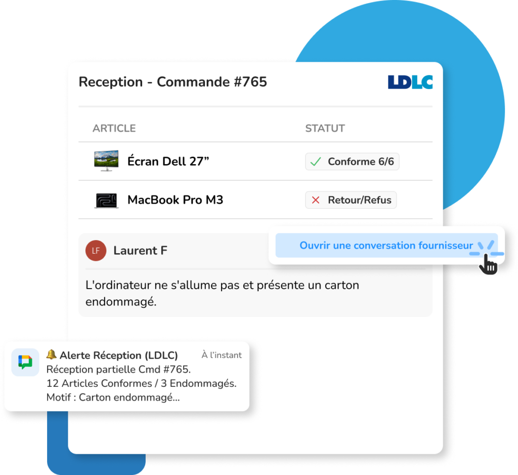 Interface du logiciel achats Weproc pour la réception de la commande #765. Indication d'un article conforme et d'un article refusé pour dommage. Curseur sur le bouton "Ouvrir une conversation fournisseur" et notification d'alerte pour réception partielle.