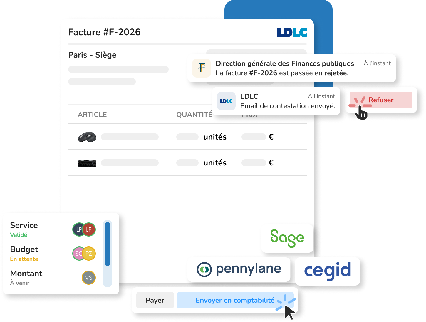 Interface du logiciel achats Weproc montrant le traitement d'une facture fournisseur. On y voit un circuit d'approbation, des alertes de rejet de la DGFIP, et un bouton d'export direct vers les logiciels de comptabilité partenaires : Sage, Pennylane et Cegid.