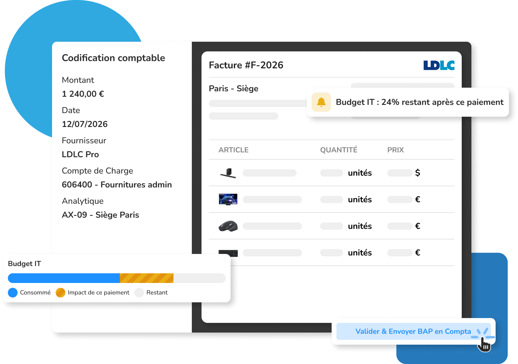 Interface du module de pré-comptabilité du logiciel Weproc montrant le traitement d'une facture fournisseur LDLC. Affichage de la codification avec le compte de charge et l'affectation analytique. Une barre de progression illustre l'impact immédiat du paiement sur le budget IT alloué. Le curseur de la souris clique sur le bouton d'action 'Valider & Envoyer BAP en Compta'.