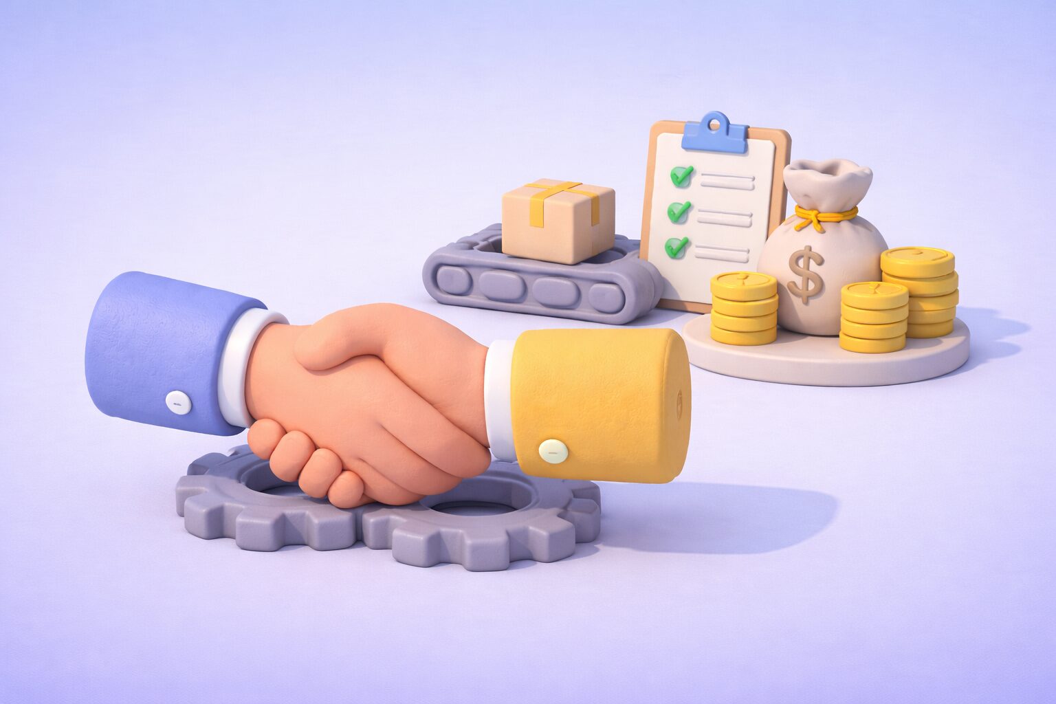 Illustration 3D en plastiline représentant un accord commercial entre fournisseurs, avec poignée de main, engrenages, convoyeur logistique, colis et optimisation des achats.