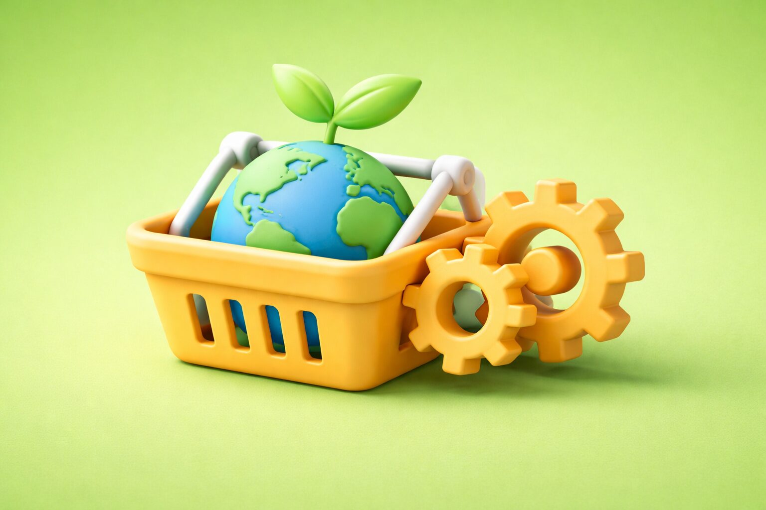 Illustration 3D des achats responsables montrant un panier d’achats avec un globe et une feuille symbolisant le procurement durable