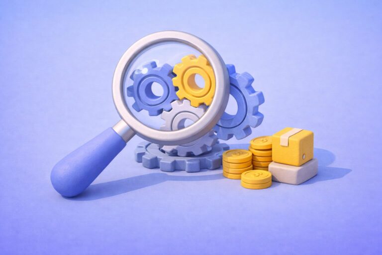 Illustration 3D en pâte à modeler d’une loupe analysant des engrenages reliés à des pièces et un colis, symbolisant l’optimisation des coûts et la performance des achats.