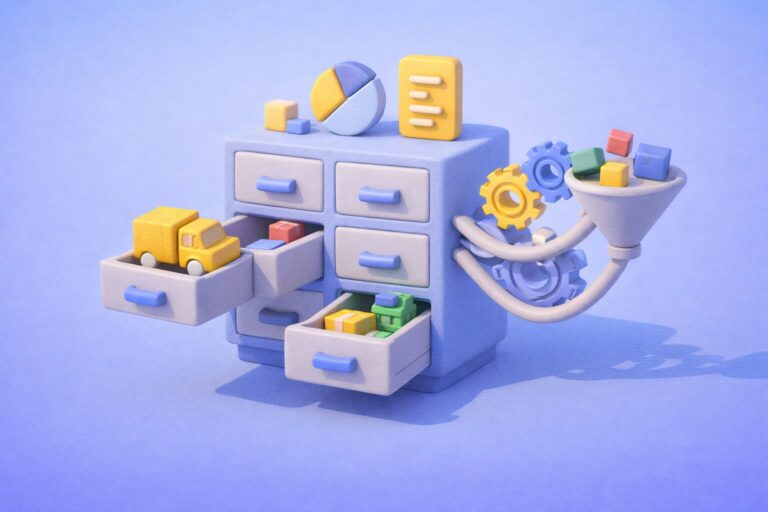 Illustration 3D en pâte à modeler représentant la centralisation et l’organisation des fournisseurs dans un système de gestion des achats digitalisé.