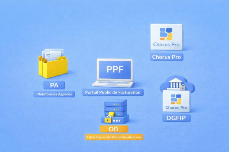 Illustration de l’architecture de la facturation électronique en France avec le PPF, les plateformes agréées, les opérateurs de dématérialisation, la DGFIP et Chorus Pro