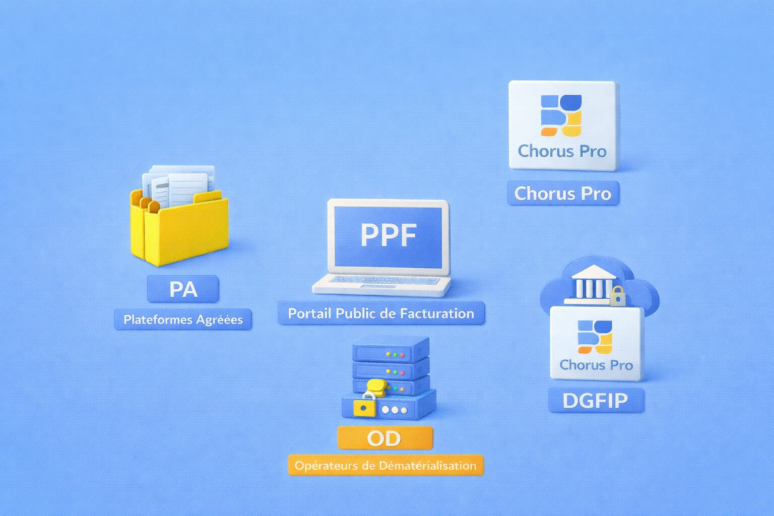 Diagram showing the roles of PPF, PA, OD, and Chorus Pro in the 2026 electronic invoicing process.
