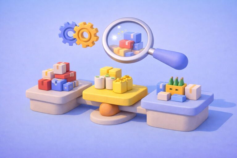 Illustration 3D en clay représentant la classification des familles d’achats avec des colis organisés par catégories, analysés par une loupe et des engrenages symbolisant l’optimisation des processus achats.