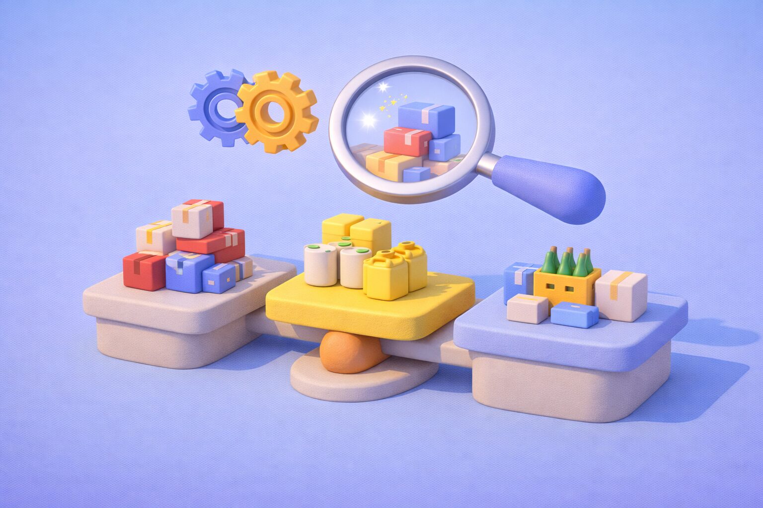 Illustration 3D en clay représentant la classification des familles d’achats avec des colis organisés par catégories, analysés par une loupe et des engrenages symbolisant l’optimisation des processus achats.