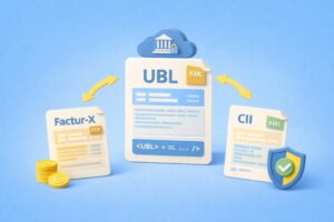 Diagram illustrating the UBL invoice format structure and data fields for electronic invoicing.