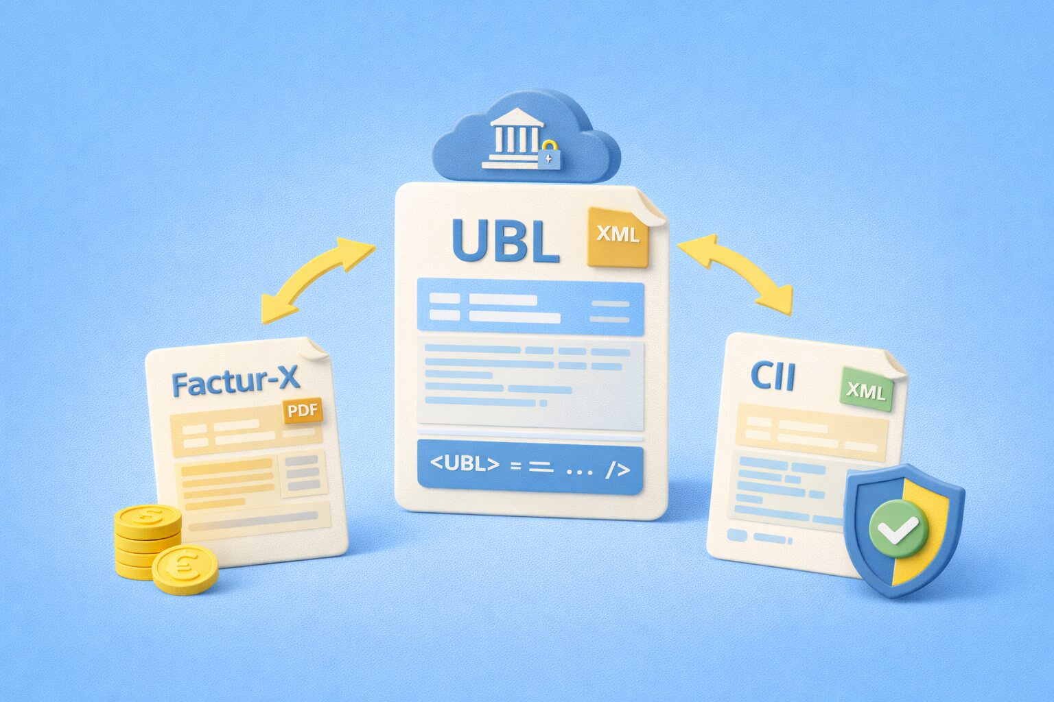 Diagram illustrating the UBL invoice format structure and data fields for electronic invoicing.