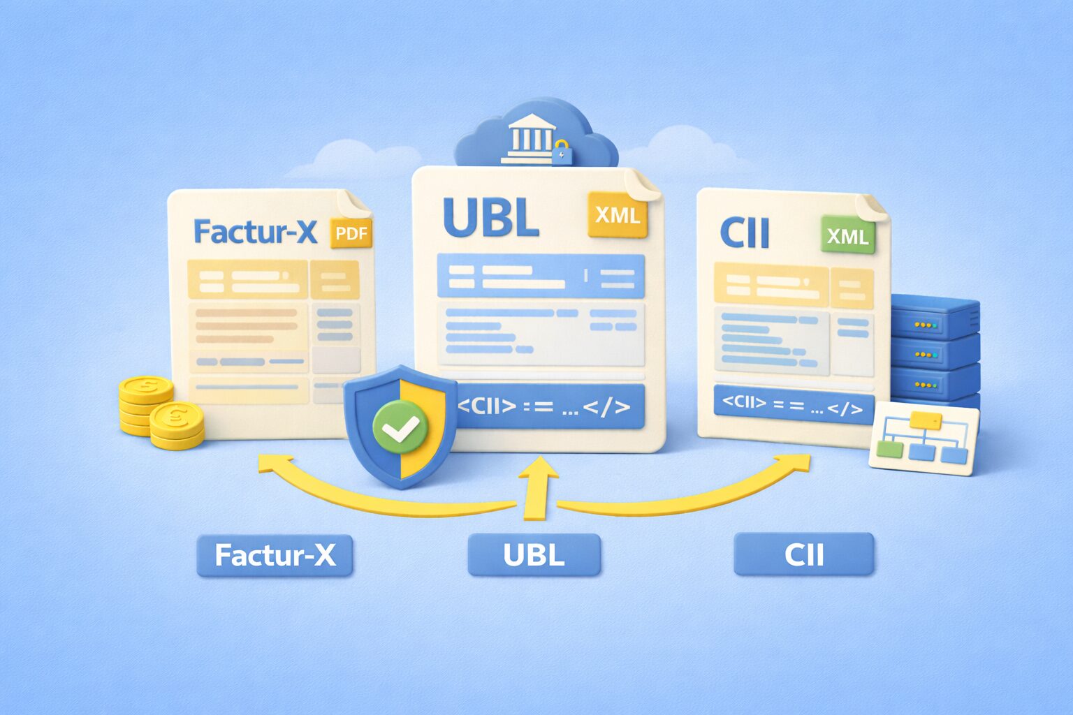 Diagram comparing Factur-X, UBL, and CII electronic invoice formats for B2B transactions.