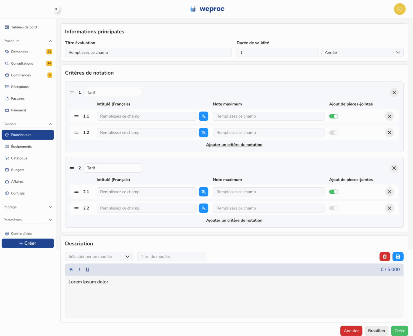 Configurazione di un modulo di valutazione fornitori su Weproc con definizione personalizzata dei criteri di valutazione e dei coefficienti.