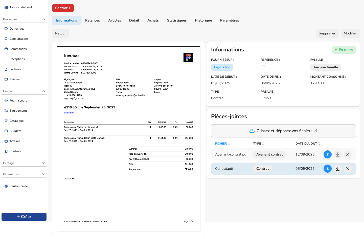 Software di gestione contrattuale Weproc che mostra la visualizzazione di una fattura PDF associata a una scheda contratto dettagliata.