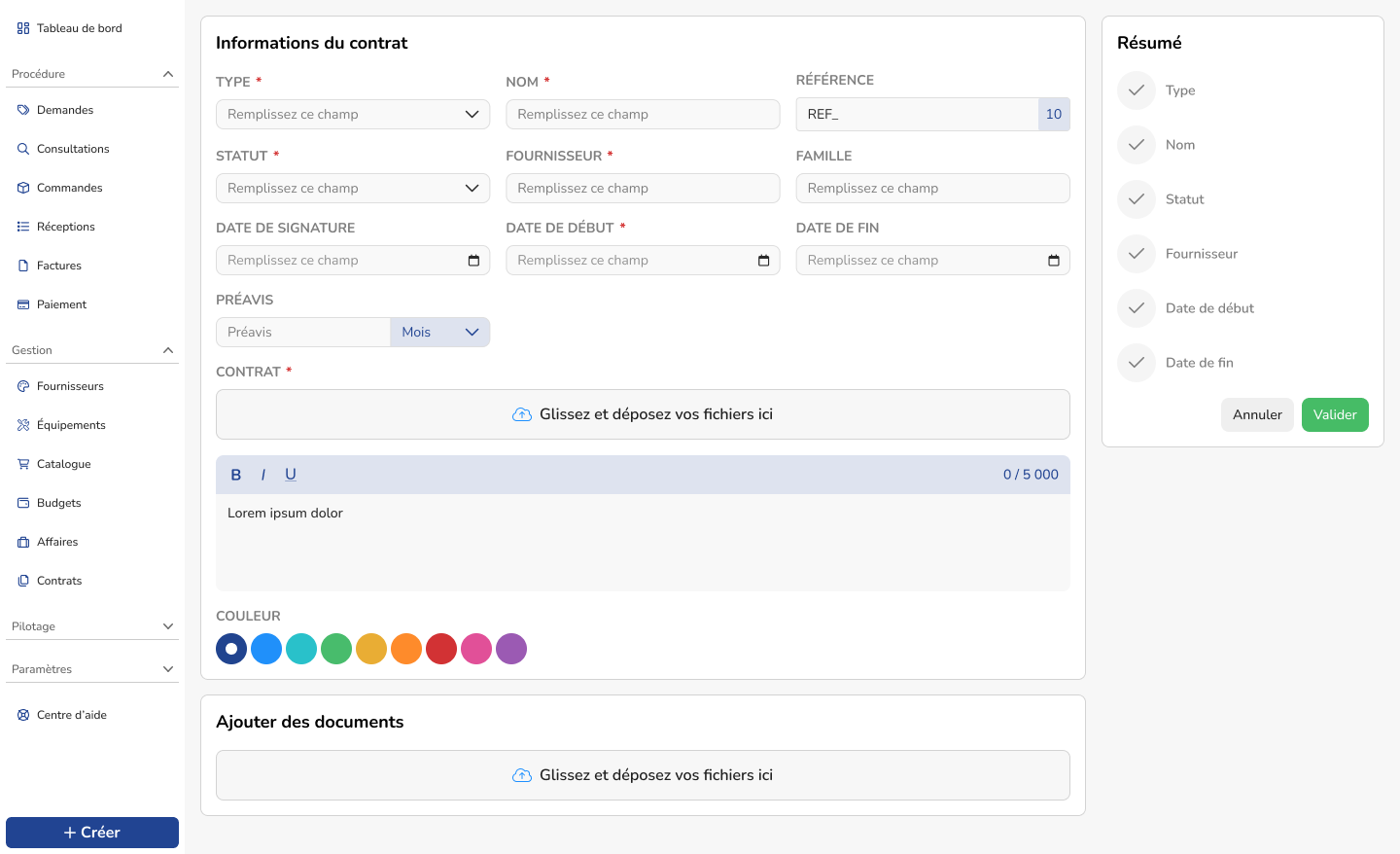 Modulo di inserimento strutturato Weproc per la creazione di un contratto fornitore con campi obbligatori per date e riferimenti.