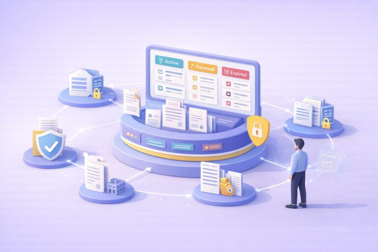 Illustration 3D de gestion des contrats fournisseurs numériques avec plateforme centralisée, documents et indicateurs de statut.