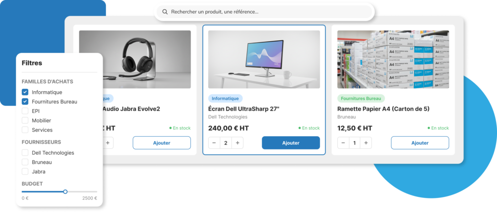 Logiciel e-procurement Weproc – catalogue produits avec filtres par famille d'achats, fournisseurs et budget pour PME et ETI