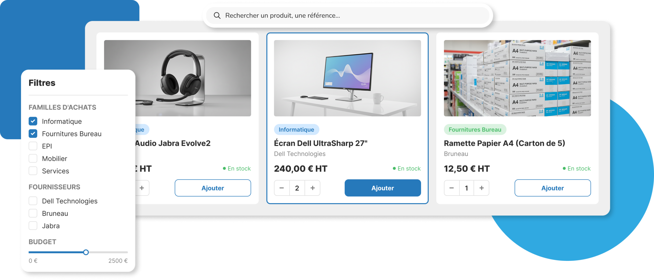Logiciel e-procurement Weproc – catalogue produits avec filtres par famille d'achats, fournisseurs et budget pour PME et ETI