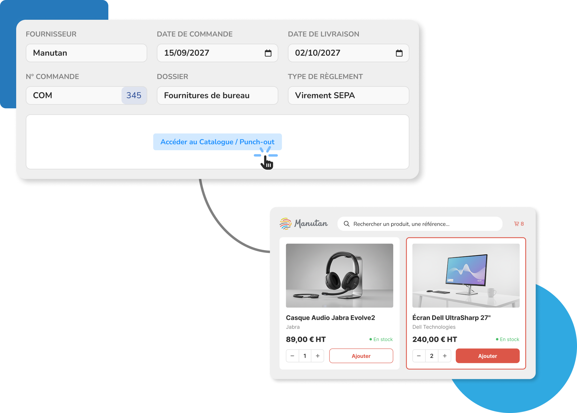 Logiciel e-procurement Weproc – fonctionnalité punch-out avec accès direct au catalogue fournisseur Manutan depuis un bon de commande