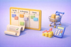 Kanban board illustrating streamlined procurement and finance workflows with clear task progression.
