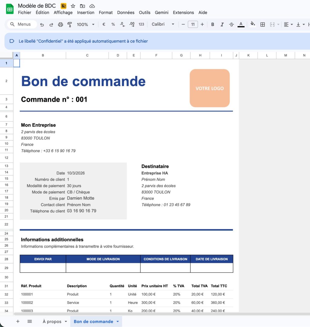 Vorschau der kostenlosen Weproc Excel-Bestellvorlage