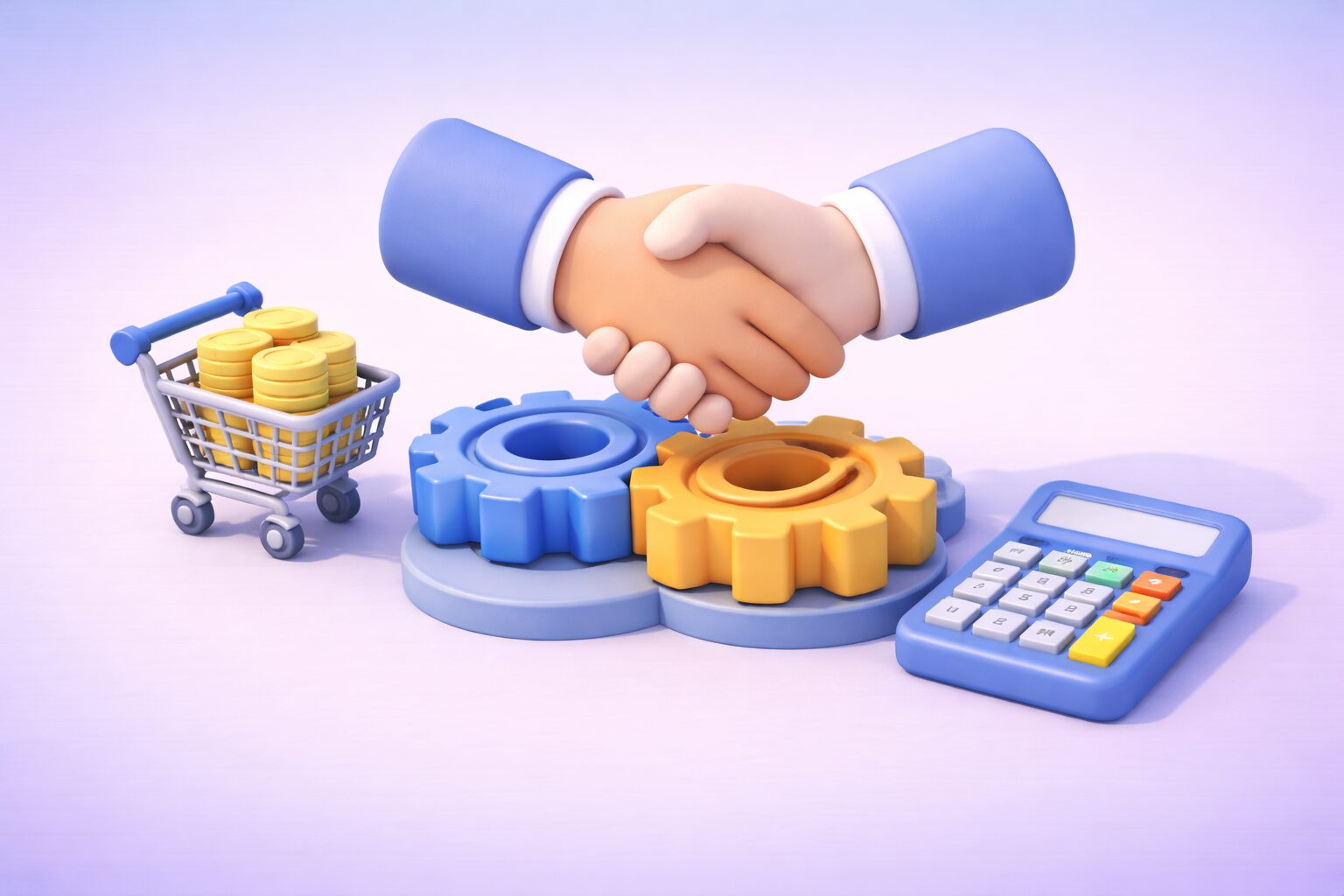 Illustration 3D en style clay montrant une poignée de main au-dessus d’engrenages, avec un panier d’achats, des pièces et une calculatrice, symbolisant la négociation achats et la performance financière