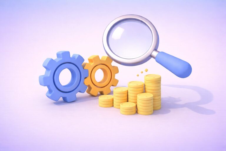 Illustration en clay 3D représentant l’analyse et l’optimisation des processus achats, avec engrenages interconnectés, pile de pièces et loupe symbolisant la performance financière.
