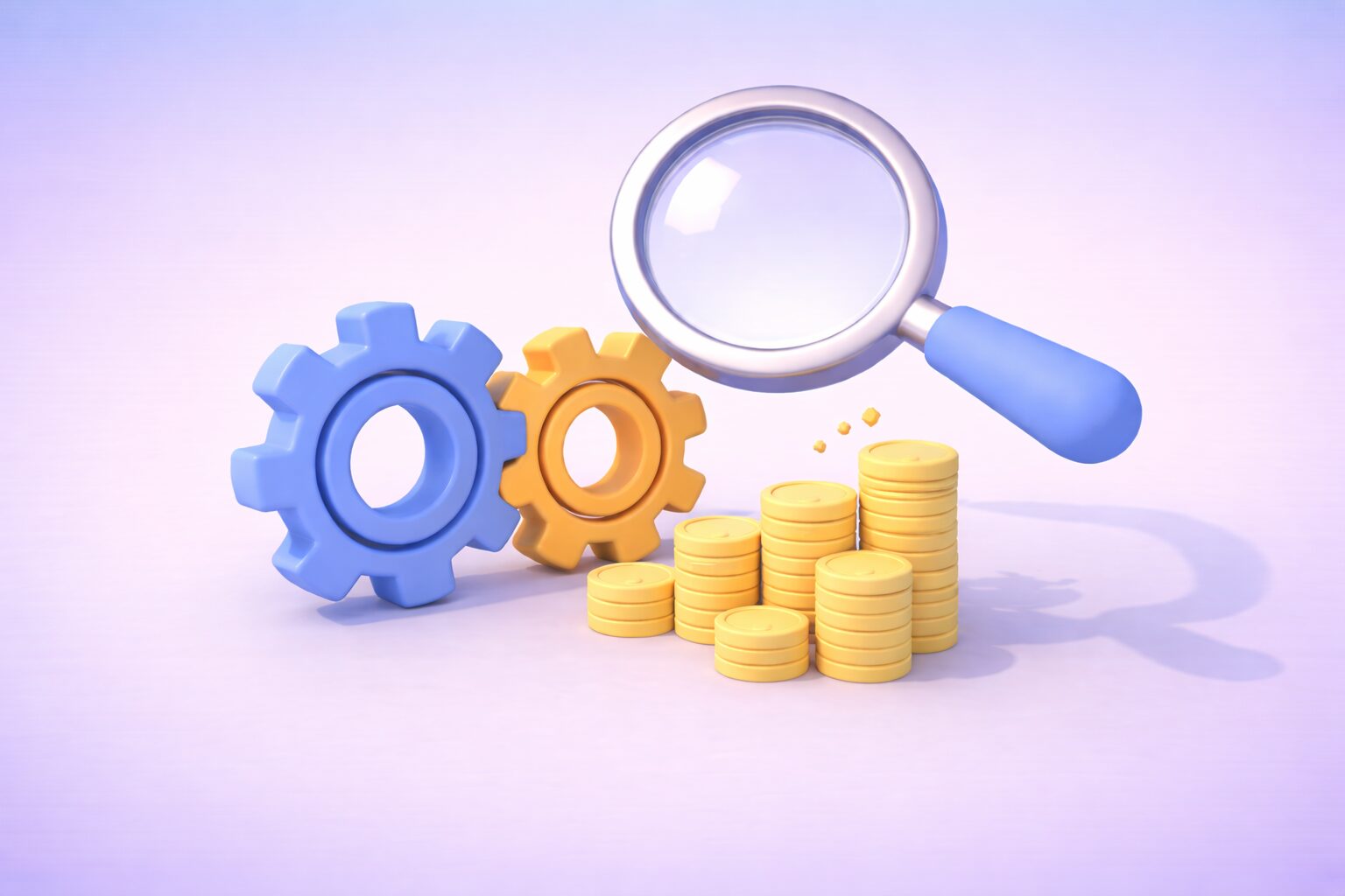 Illustration en clay 3D représentant l’analyse et l’optimisation des processus achats, avec engrenages interconnectés, pile de pièces et loupe symbolisant la performance financière.
