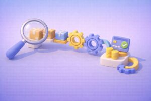 Illustration 3D du cycle Source-to-Pay montrant l’optimisation des achats, de l’analyse des commandes au paiement validé