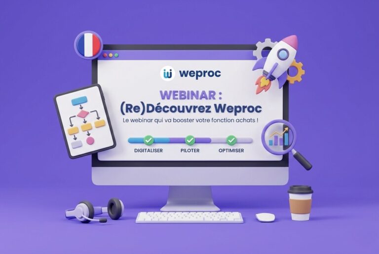 Illustration 3D style clay pour le webinar Weproc : "(Re)Découvrez Weproc – Le webinar qui va booster votre fonction achats !". Un écran affiche le logo Weproc, une fusée, un drapeau français et les étapes Digitaliser, Piloter, Optimiser.