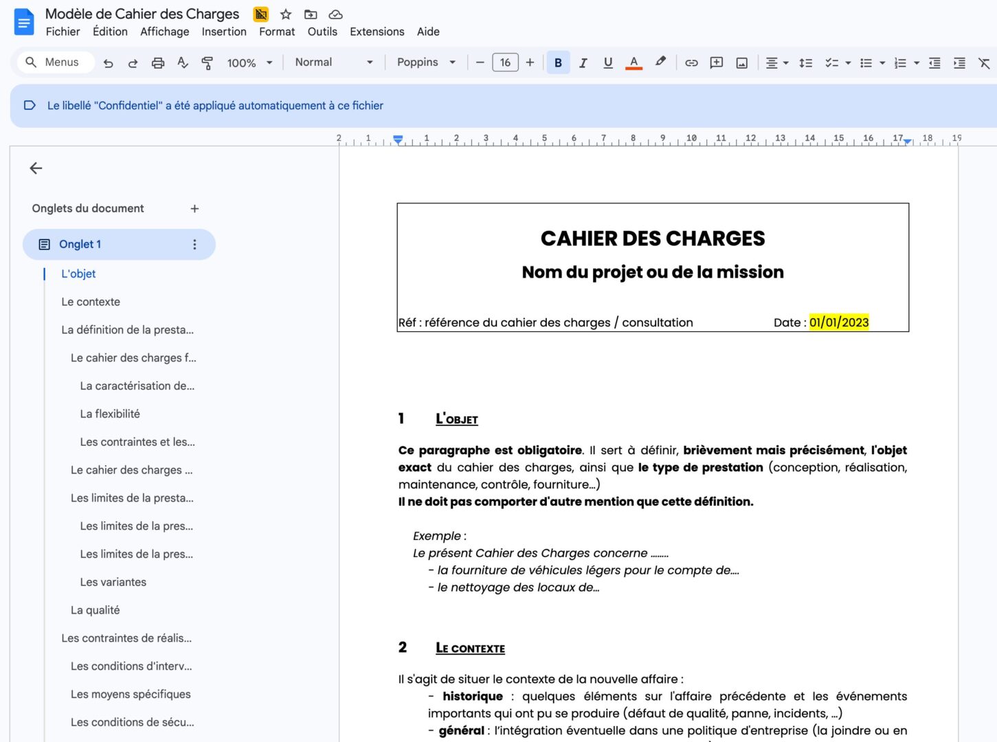 Aperçu du modèle de Cahier des Charges Weproc