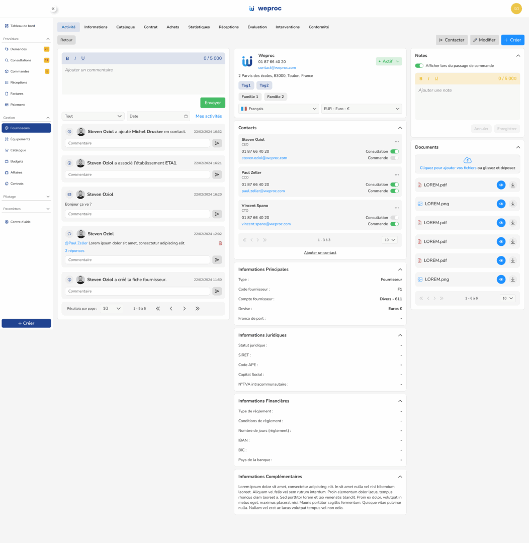 Interfaccia del software Weproc che mostra una scheda fornitore centralizzata con le schede informazioni legali, catalogo e contratti.