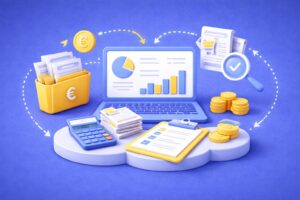 Illustration 3D représentant la simplification de la comptabilité et le pilotage des achats pour une TPE/PME avec tableau de bord financier, factures et pièces.