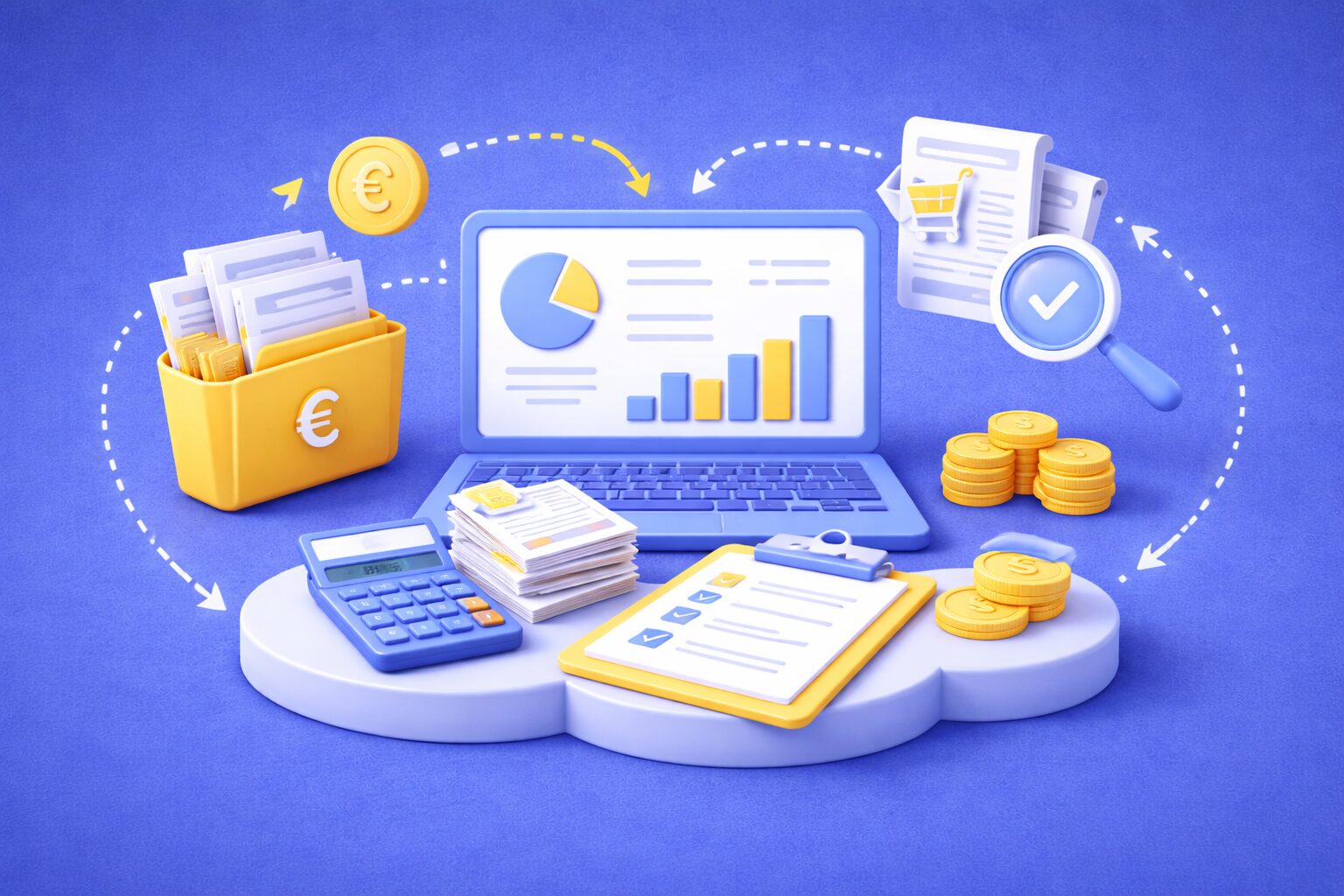 Illustration 3D représentant la simplification de la comptabilité et le pilotage des achats pour une TPE/PME avec tableau de bord financier, factures et pièces.