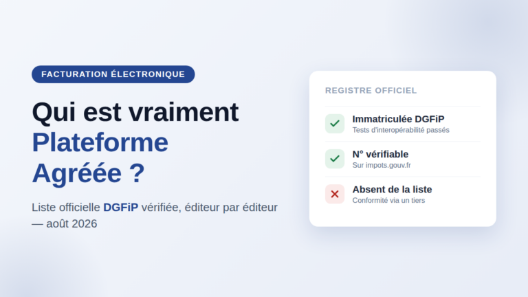 Liste officielle DGFiP des Plateformes Agréées vérifiée éditeur par éditeur — critères : immatriculation, numéro vérifiable sur impots.gouv.fr, tests d'interopérabilité (août 2026)