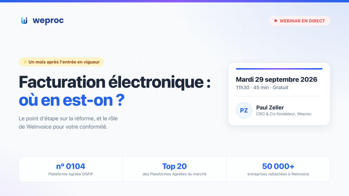 Webinar Weproc du 29 septembre 2026 à 11h30 : point d'étape sur la facturation électronique, animé par Paul Zeller — WeInvoice, Plateforme Agréée DGFiP n° 0104