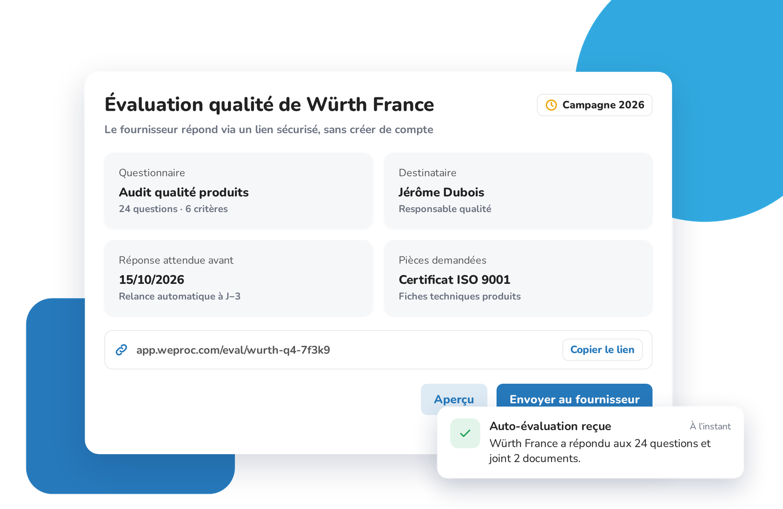 Envoi d'une auto-évaluation qualité à un fournisseur depuis Weproc : choix du questionnaire, du contact, de l'échéance et des pièces demandées, lien sécurisé sans création de compte.