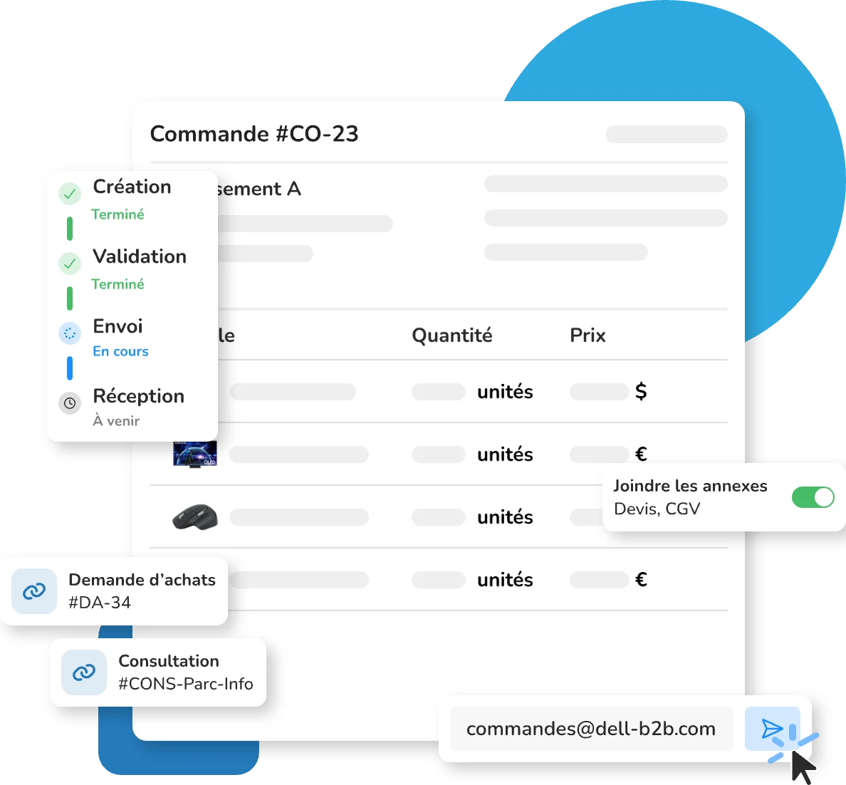 Supplier purchase order in Weproc: status tracking and sending to the supplier with attachments