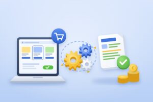 Illustration de l'e-procurement : catalogue d'achat en ligne sur ordinateur, engrenages d'automatisation, bon de commande validé et pièces