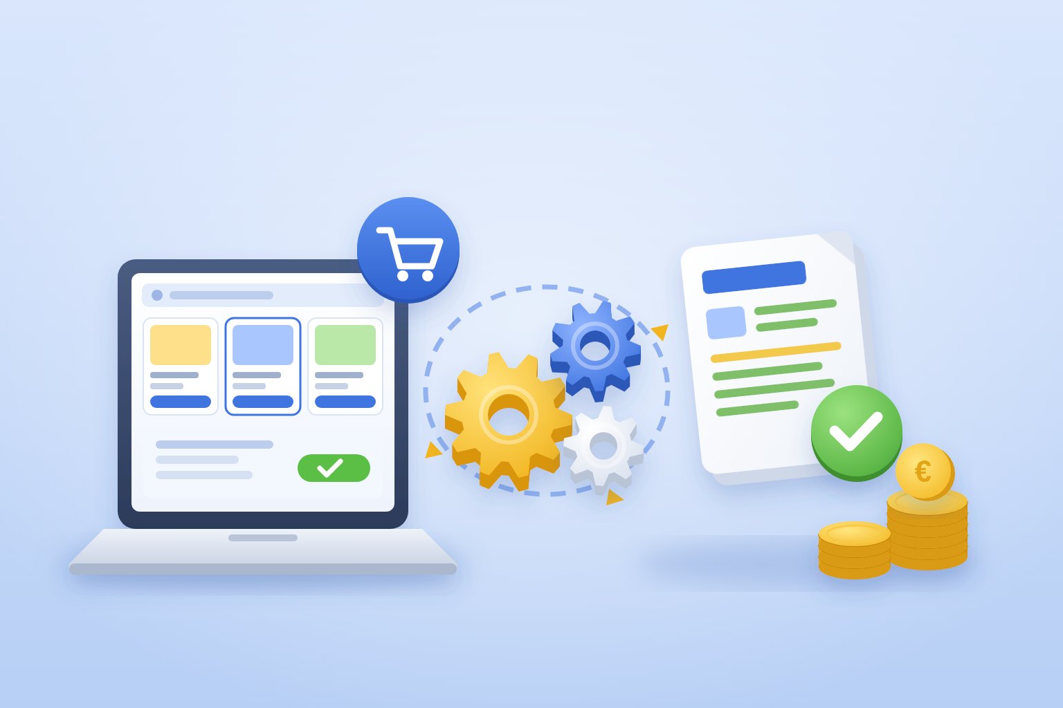 Illustration de l'e-procurement : catalogue d'achat en ligne sur ordinateur, engrenages d'automatisation, bon de commande validé et pièces
